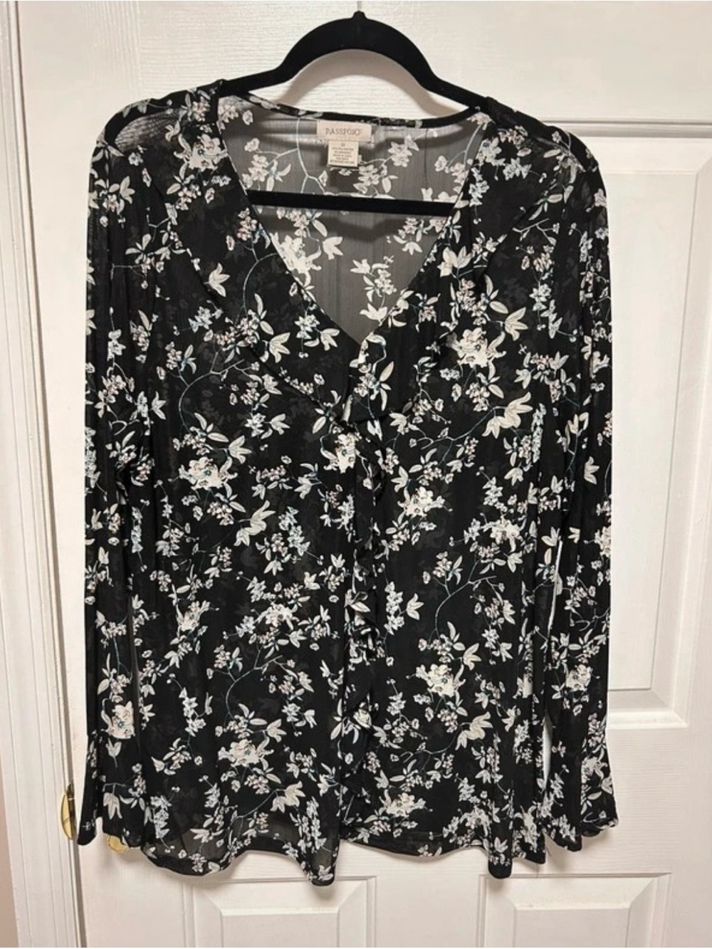 Passport Black and White Floral V-Neck Sheer Blouse
